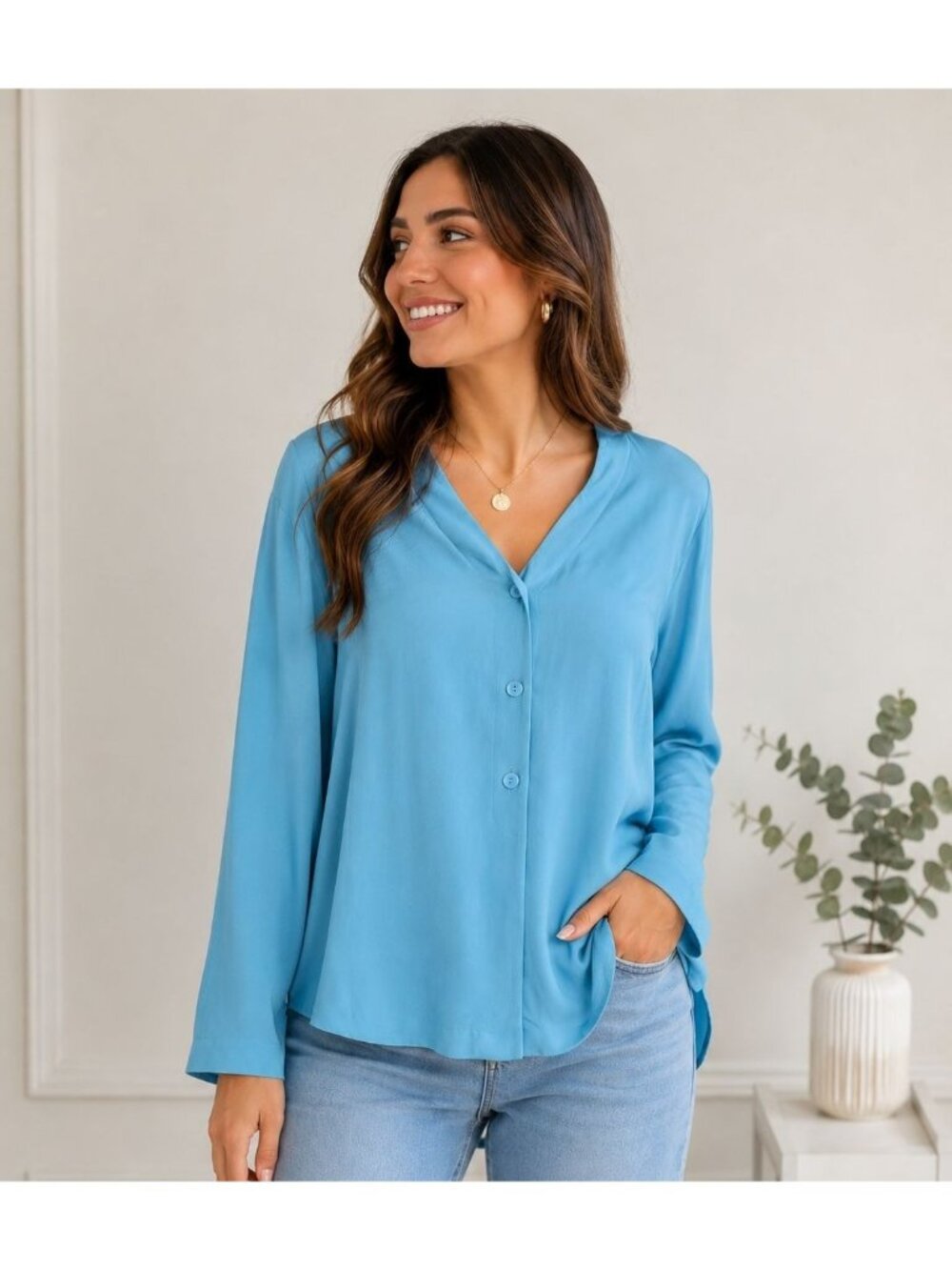 Nora Noh Womens Blouse  Size XL 100% Silk Button-Up Long Sleeve Light Blue